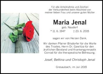 Todesanzeige von Maria Jenal von saarbruecker_zeitung