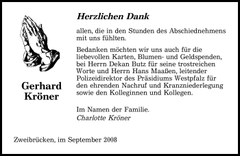Todesanzeige von Gerhard Kröner von SAARBRÜCKER ZEITUNG