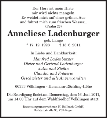 Todesanzeige von Anneliese Ladenburger von SAARBRÜCKER ZEITUNG