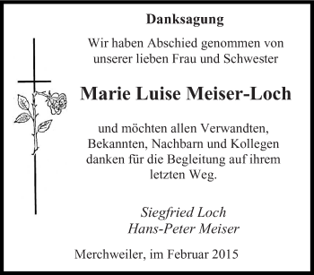 Todesanzeige von Marie Luise Meiser-Loch von saarbruecker_zeitung