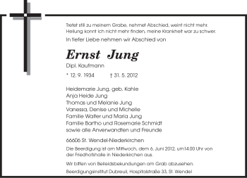 Todesanzeige von Ernst Jung von SAARBRÜCKER ZEITUNG