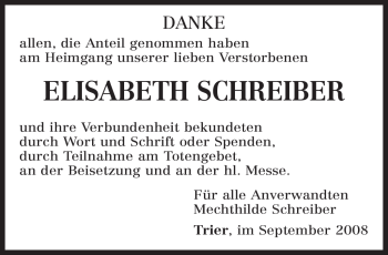 Todesanzeige von ELISABETH SCHREIBER 