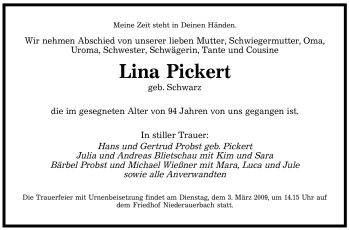 Todesanzeige von Lina Pickert von SAARBRÜCKER ZEITUNG