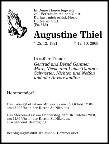 Todesanzeige von Augustine Thiel von SAARBRÜCKER ZEITUNG