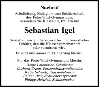 Todesanzeige von Sebastian Igel von SAARBRÜCKER ZEITUNG