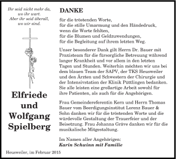Todesanzeige von Elfriede und Wolfgang Spielberg von saarbruecker_zeitung