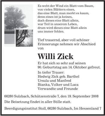 Todesanzeige von Willi Zick von SAARBRÜCKER ZEITUNG