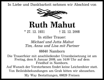 Todesanzeige von Ruth Mahut von SAARBRÜCKER ZEITUNG