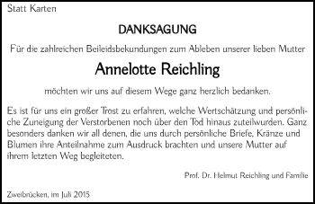 Todesanzeige von Annelotte Reichling von saarbruecker_zeitung