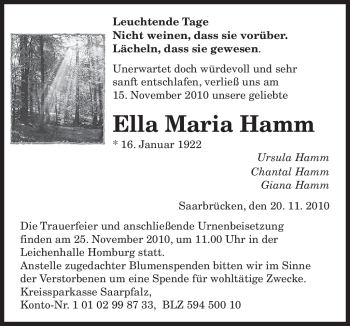 Todesanzeige von Ella Maria Hamm von SAARBRÜCKER ZEITUNG