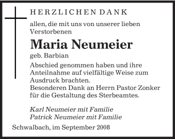 Todesanzeige von Maria Neumeier von SAARBRÜCKER ZEITUNG