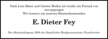 Todesanzeige von E. Dieter Fey von SAARBRÜCKER ZEITUNG