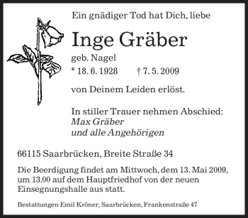 Todesanzeige von Inge Gräber von SAARBRÜCKER ZEITUNG