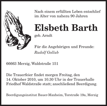 Todesanzeige von Elsbeth Barth von SAARBRÜCKER ZEITUNG