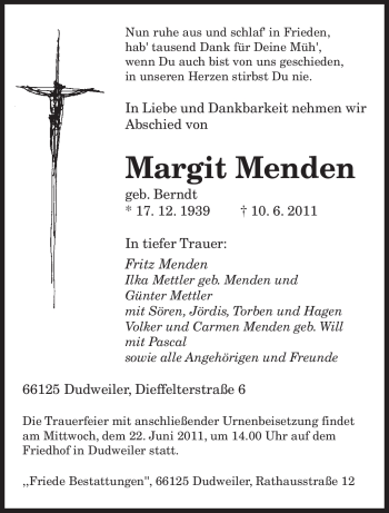 Todesanzeige von Margit Menden von SAARBRÜCKER ZEITUNG