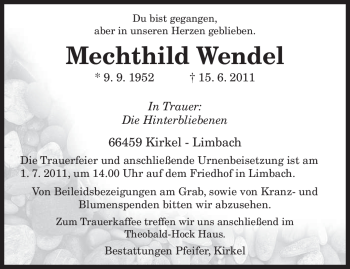 Todesanzeige von Mechthild Wendel von SAARBRÜCKER ZEITUNG