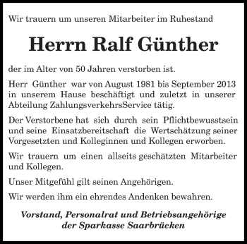 Todesanzeige von Ralf Günther von saarbruecker_zeitung