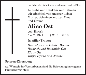 Todesanzeige von Alice Ost von SAARBRÜCKER ZEITUNG