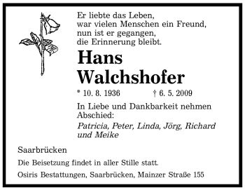Todesanzeige von Hans Walchshofer von SAARBRÜCKER ZEITUNG