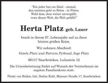 Todesanzeige von Herta Platz von SAARBRÜCKER ZEITUNG