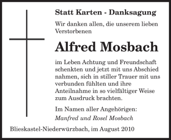 Todesanzeige von Alfred Mosbach von SAARBRÜCKER ZEITUNG