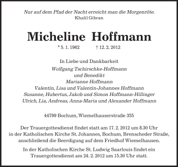 Todesanzeige von Micheline Hoffmann von SAARBRÜCKER ZEITUNG