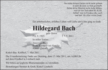 Todesanzeige von Hildegard Bach von SAARBRÜCKER ZEITUNG