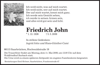 Todesanzeige von Friedrich John von SAARBRÜCKER ZEITUNG