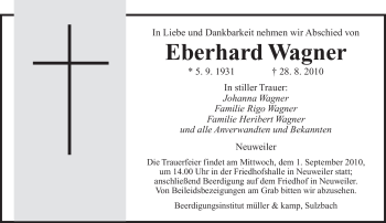Todesanzeige von Eberhard Wagner von SAARBRÜCKER ZEITUNG