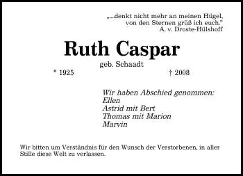 Todesanzeige von Ruth Caspar von SAARBRÜCKER ZEITUNG