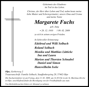 Todesanzeige von Margarete Fuchs 