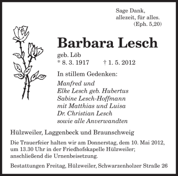 Todesanzeige von Barbara Lesch von SAARBRÜCKER ZEITUNG