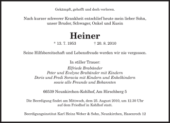 Todesanzeige von Heiner Brabänder von SAARBRÜCKER ZEITUNG