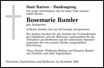 Todesanzeige von Rosemarie Rumler von SAARBRÜCKER ZEITUNG
