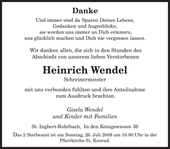 Todesanzeige von Heinrich Wendel von SAARBRÜCKER ZEITUNG