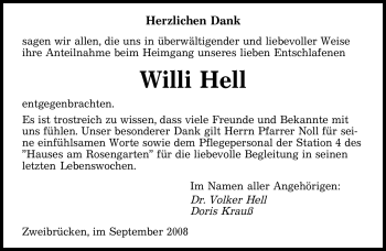 Todesanzeige von Willi Hell von SAARBRÜCKER ZEITUNG