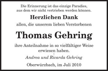 Todesanzeige von Thomas Gehring von SAARBRÜCKER ZEITUNG