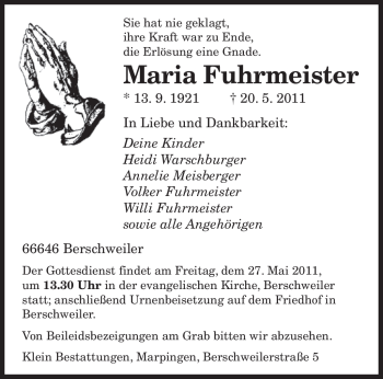 Todesanzeige von Maria Fuhrmeister von SAARBRÜCKER ZEITUNG