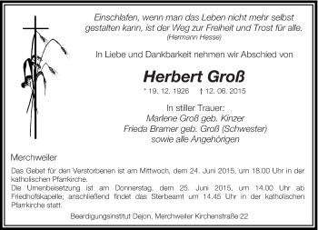 Todesanzeige von Herbert Groß von saarbruecker_zeitung