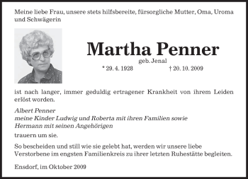 Todesanzeige von Martha Penner von SAARBRÜCKER ZEITUNG