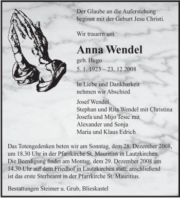 Todesanzeige von Anna Wendel von SAARBRÜCKER ZEITUNG