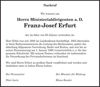 Todesanzeige von Franz-Josef Erfurt von SAARBRÜCKER ZEITUNG