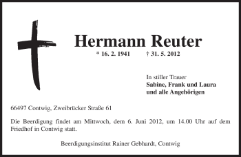Todesanzeige von Hermann Reuter von SAARBRÜCKER ZEITUNG