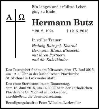 Todesanzeige von Hermann Butz von saarbruecker_zeitung