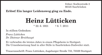 Todesanzeige von Heinz Lütticken von SAARBRÜCKER ZEITUNG