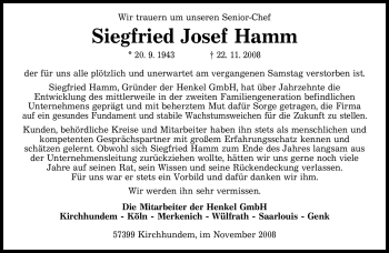 Todesanzeige von Siegfried Josef Hamm von SAARBRÜCKER ZEITUNG