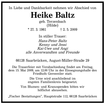Todesanzeige von Heike Baltz von SAARBRÜCKER ZEITUNG