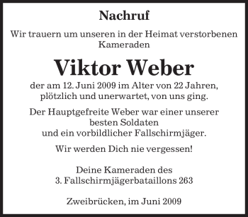 Todesanzeige von Viktor Weber von SAARBRÜCKER ZEITUNG