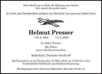 Todesanzeige von Helmut Presser von SAARBRÜCKER ZEITUNG