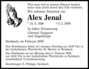 Todesanzeige von Alex Jenal von SAARBRÜCKER ZEITUNG